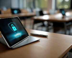 tablet with cyber security symbol on the screen