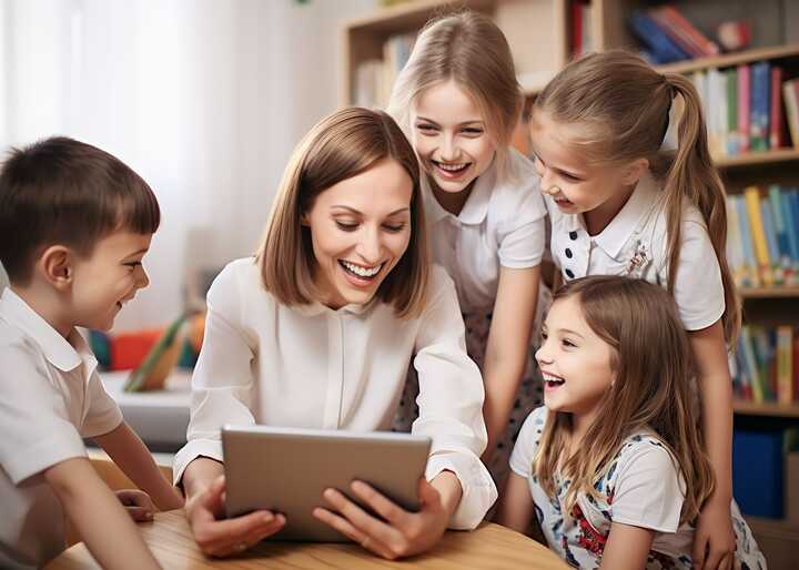 teacher helping students with IT work