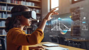 A person wearing a VR headset interacts with virtual graphics in a library.