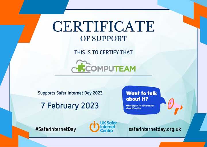 Safer Internet 2023 Certificate of Support featuring the Computeam logo